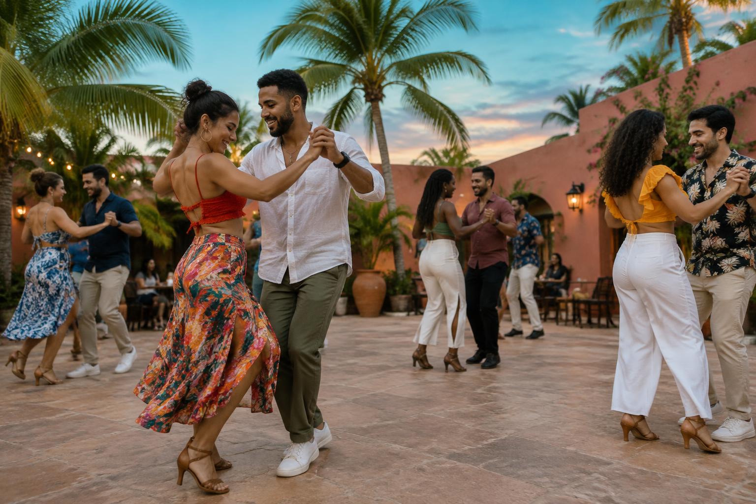 Illustration of couples dancing in a courtyard