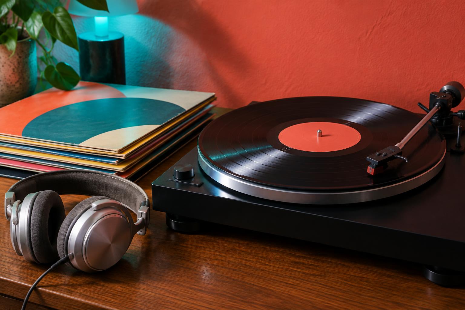 A turntable and vinyl records