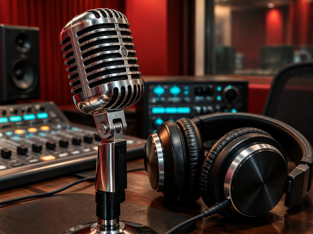 AI illustration of a chrome microphone and headphones in a radio studio