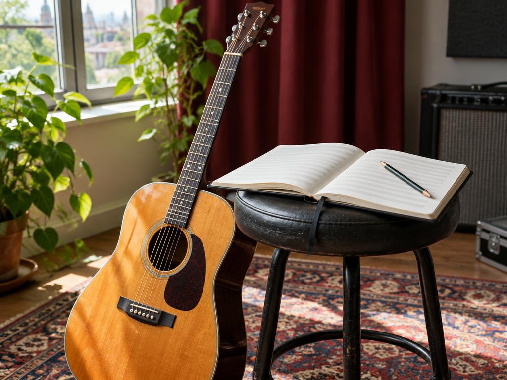 AI illustration of an acoustic guitar beside a blank music notebook in a rehearsal room